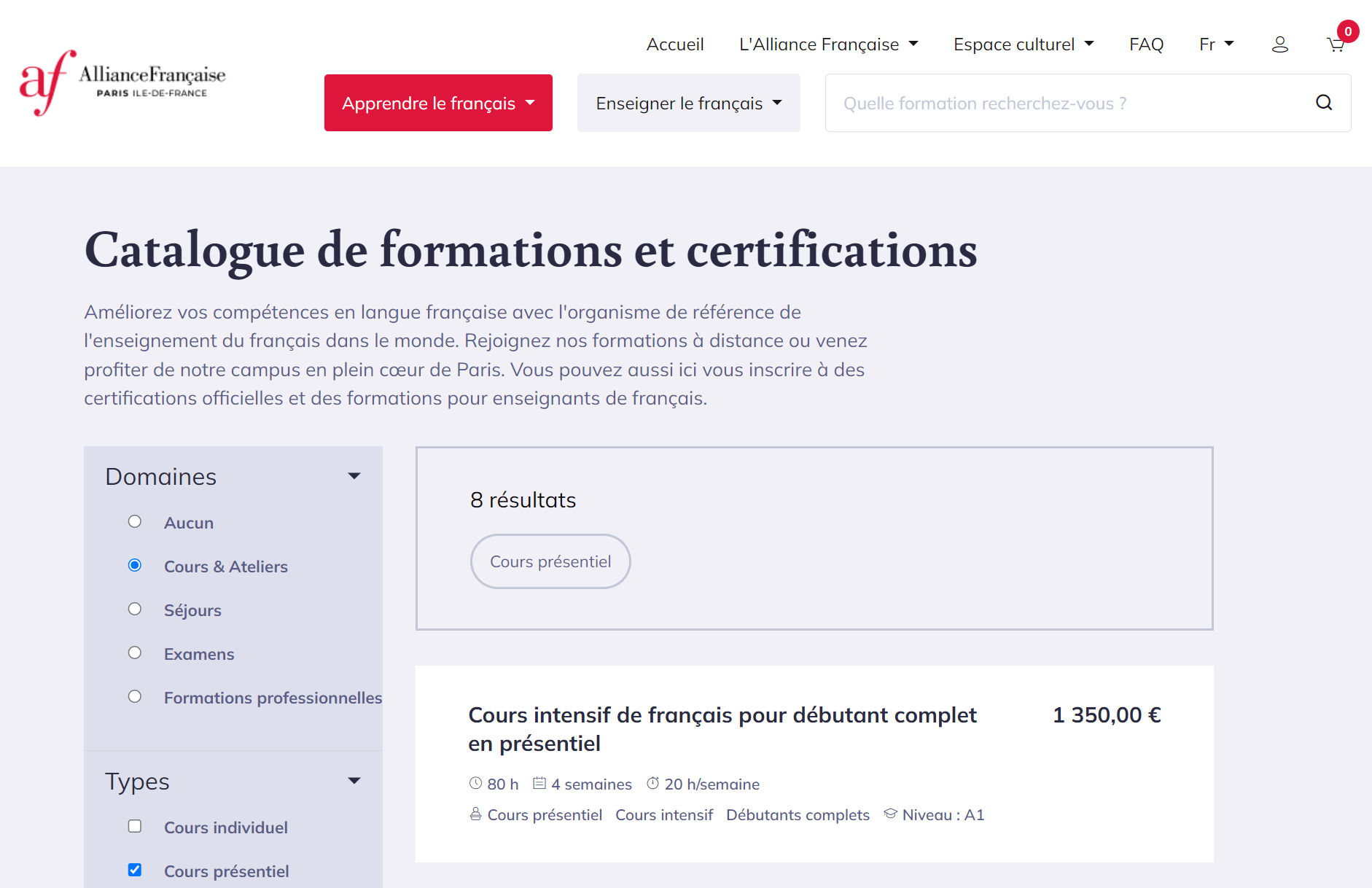 Capture du site web de l'Alliance française de Paris